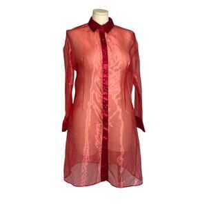 Vtg Y2K Sally USA Red Sheer Long Button Down Duster Overlay XXL 2X Made in USA